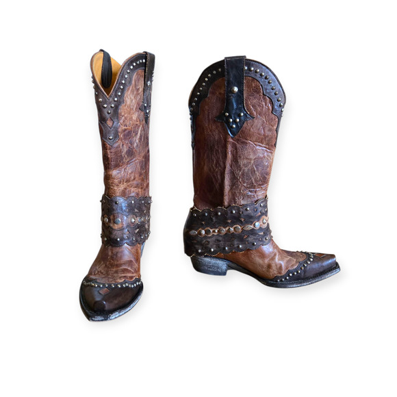 Old Gringo Brown Western Distressed Leather Studded Pointed Toe Cowboy Boots - Picture 1 of 9